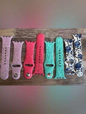 4 Floral Silicone Apple Watch Bands - Pink, Teal, Lavender, chinoiserie blue